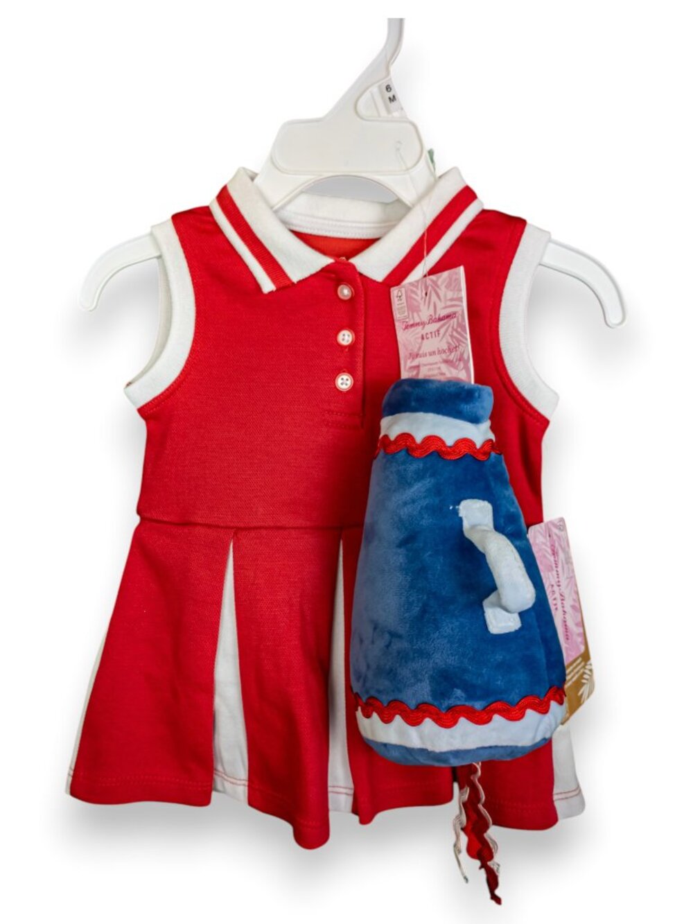 NWT Tommy Bahama Actif Baby Cheerleader Dress & Rattle 6M Red White